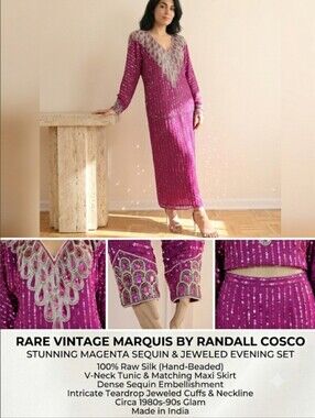 Vintage 80s 90s 100% Silk Beaded Sequined Maxi Matching Set Sz M Mauve, Silver
